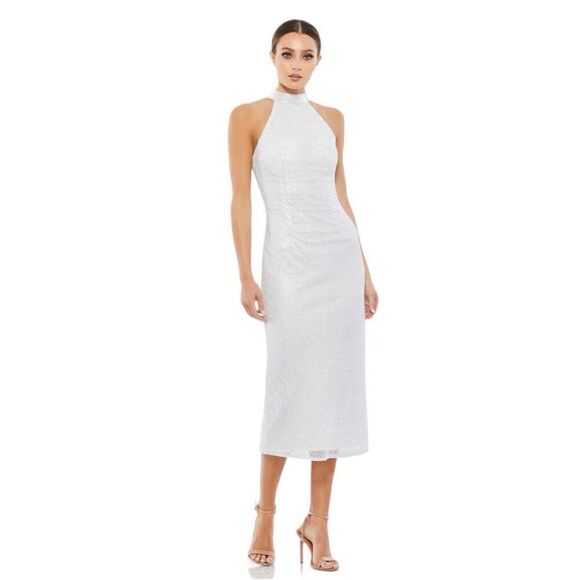 Mac Duggal Hand Embellished Halter Neck Midi Sheath Dress White Women's Size 8 - Picture 1 of 10
